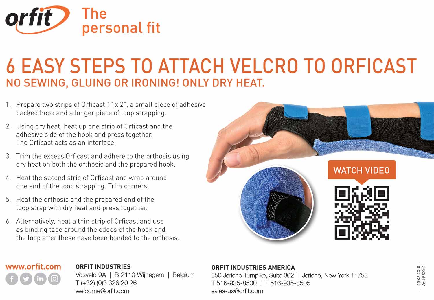 Leaflet showing how to attach hook and loop tape to an Orficast orthosis.