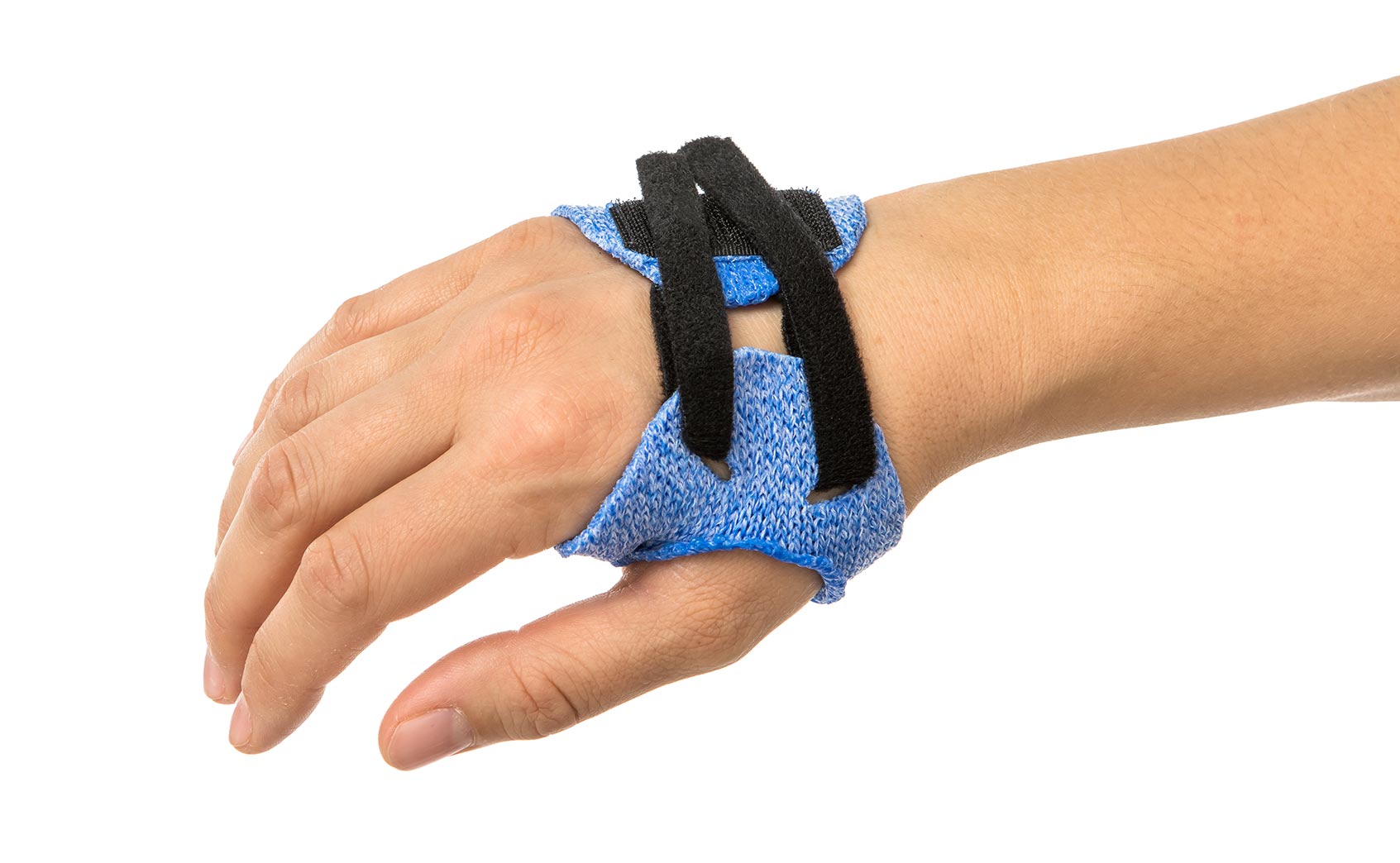 Blue Orficast orthosis with hook-and-loop strapping