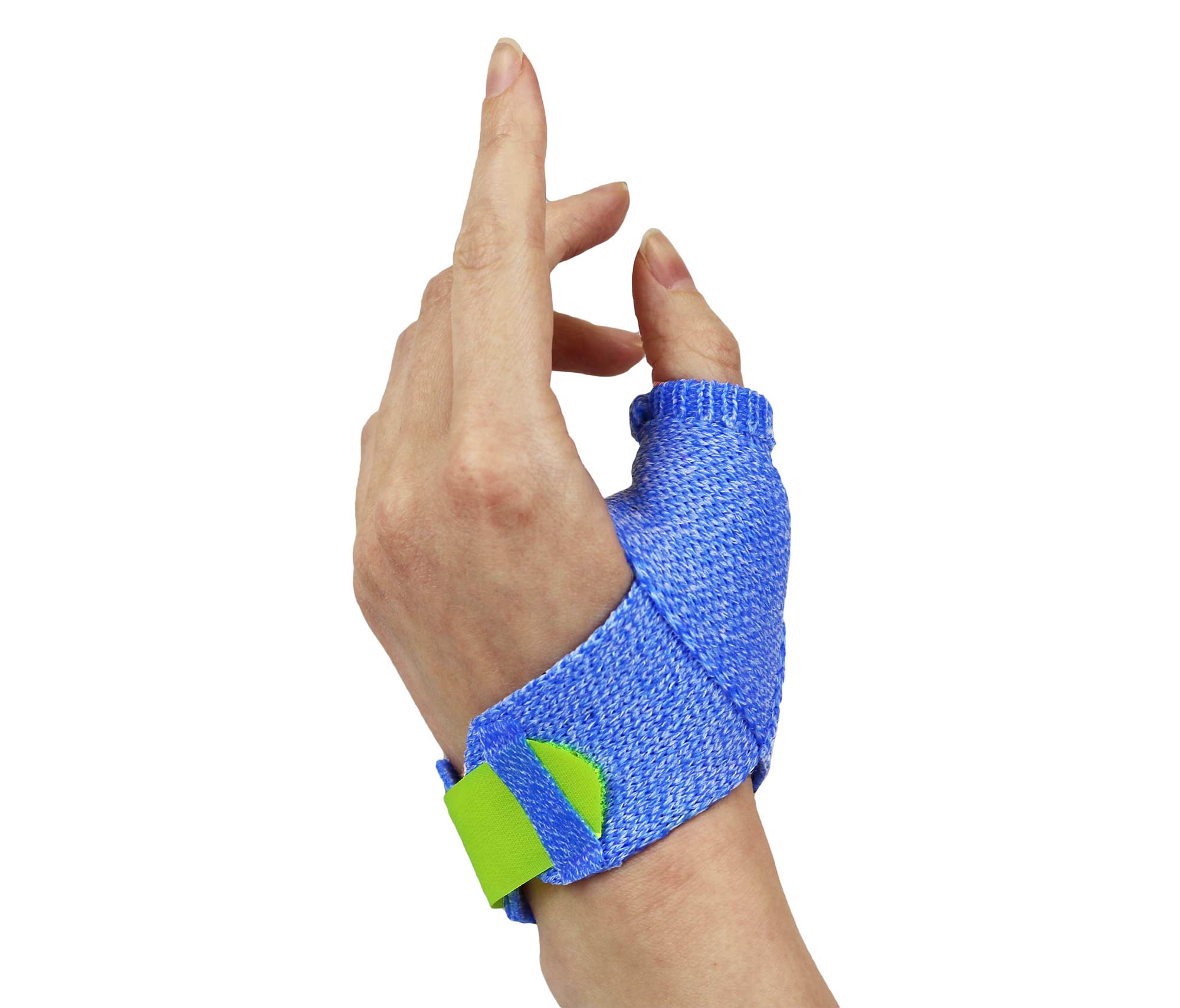 Blue Orficast orthosis with yellow hook-and-loop strapping